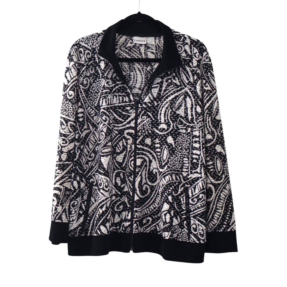 CHICO'S Women's Jacket‎ Geometric Patterns Artsy Art to Wear Black & White Sz 3